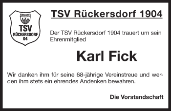 Traueranzeige von Karl Fick von Pegnitz-Zeitung
